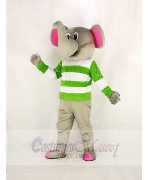 Gray Elephant with Green and White Cloth Mascot Costume Cartoon	