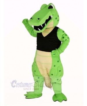 Power Green Crocodile in Black Vest Mascot Costume Animal