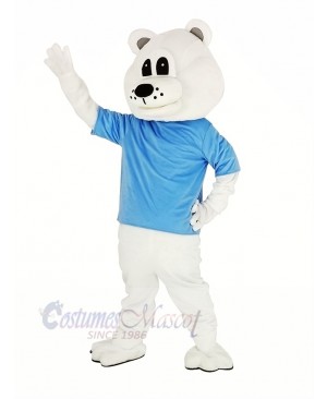 Cute White Bear with Blue T-shirt Mascot Costume Adult