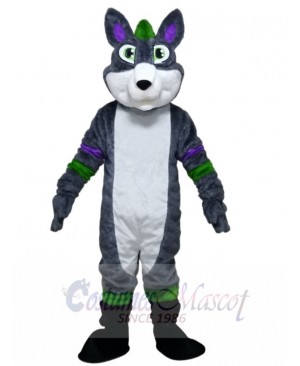 Gray Husky Dog Fursuit with Purple and Green Stripes Mascot Costumes Animal