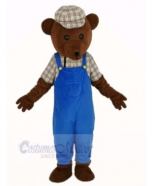 Teddy Bear in Blue Overalls Mascot Costume Cartoon