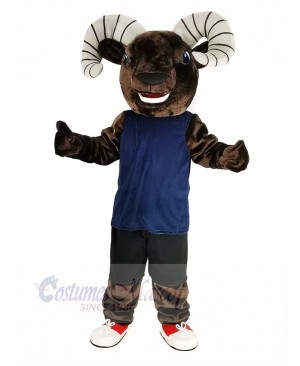 Dark Brown Sport Ram with Blue Vest Mascot Costume Animal