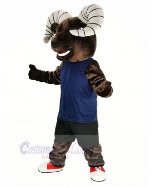 Dark Brown Sport Ram with Blue Vest Mascot Costume Animal