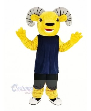 Light Brown Sport Ram with Blue Vest Mascot Costume Animal