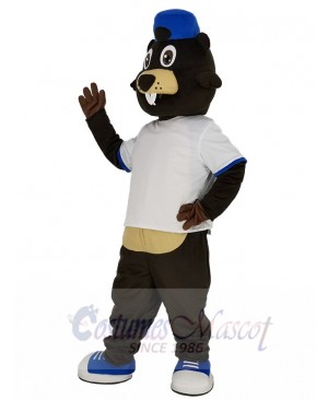 Brown Beaver in White T-shirt Mascot Costume