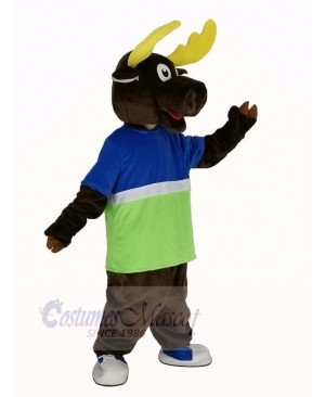 Brown Moose in Blue and Green T-shirt Mascot Costume