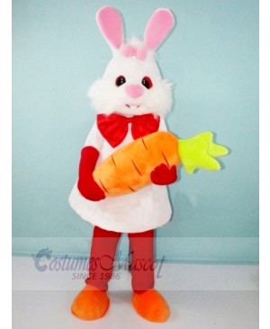 White Bunny Rabbit with Carrot Mascot Costumes Cartoon