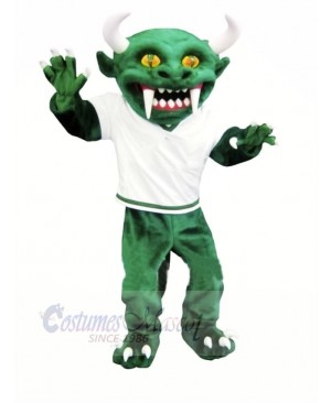 Green Devil with Long Teeth Mascot Costume Cartoon
