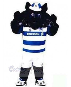 Black Cat Mascot Costume Animal in Blue and White Clothes