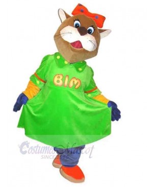 Happy Brown Cat Mascot Costume Animal in Green Dress