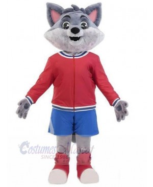 Wolf Mascot Costume Animal in Red Baseball Jacket