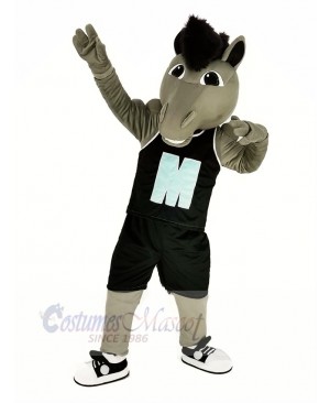 Grey Power Mustang Horse with Black Sportswear Mascot Costume