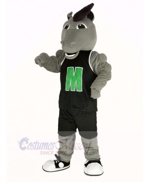 Grey Mustang Horse in Black Sportswear Mascot Costume