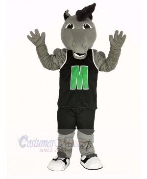 Grey Mustang Horse in Black Sportswear Mascot Costume