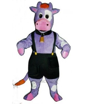 Cute Purple Cow with Overalls and Bell Mascot Costume