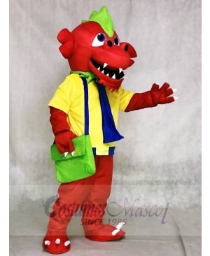 Red Dragon with Yellow Shirt and Green Bag Mascot Costumes 