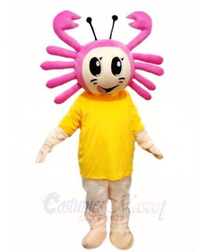 Pink Crab with Yellow Shirt Mascot Costumes Cartoon