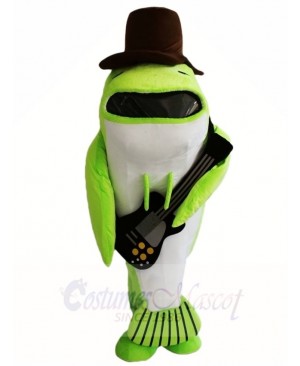 Green Whale Fish with Black Hat and Guitar Mascot Costumes Sea Ocean