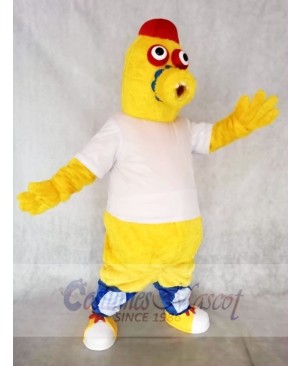 Red Hat Yellow Monster in White Shirt Mascot Costumes 