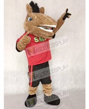 New Sport Team Broncho Horse in Red Shirt with Black Shorts Mascot Costume