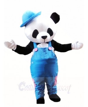 Cute Panda with Blue Overalls and Hat Mascot Costumes Animal