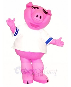 Pink Pig in White Shirt Mascot Costumes Farm Animal