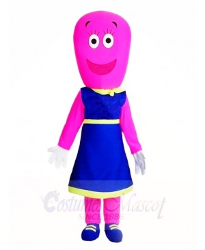 Pink Woman in Blue Dress Mascot Costumes People