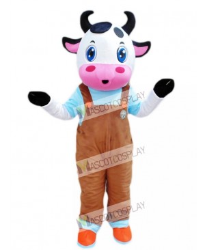 Cute Blue Eyes Cow with Brown Overalls Mascot Costume