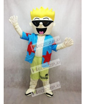 Cool Sunglasses Boy Mascot Costume in Blue Shirt