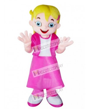 Yellow Hair Girl in Pink Dress Mascot Costume