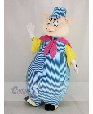 Pig in Blue and White Stripe Suit Mascot Costume