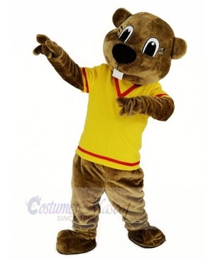 Brown Beaver in Yellow Shirt Mascot Costume Animal