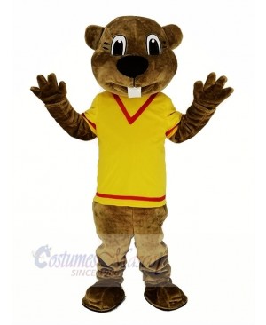 Brown Beaver in Yellow Shirt Mascot Costume Animal