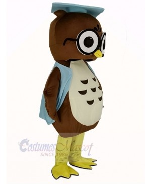 Brown Doctor Owl in Blue Vest Mascot Costume