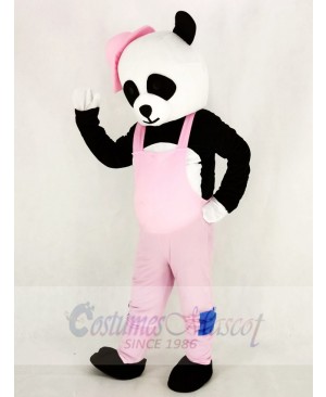 Panda with Pink Overalls and Hat Mascot Costume Cartoon