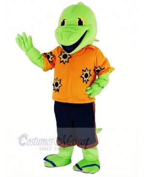 Green Lizard with Orange T-shirt Mascot Costume Cartoon