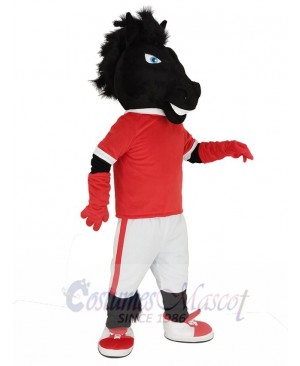 Black Horse in Red Jersey Mascot Costume Animal