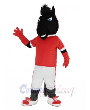 Black Horse in Red Jersey Mascot Costume Animal