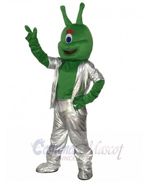 Green Alien in Silver Suit Mascot Funny Costume