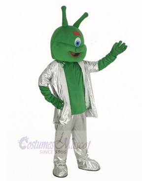 Green Alien in Silver Suit Mascot Costume