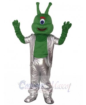 Green Alien in Silver Suit Mascot Funny Costume