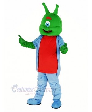 Green Alien with Blue Coat Mascot Costume Cartoon	