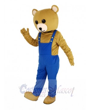 Brown Teddy Bear in Blue Overalls Mascot Costume Animal