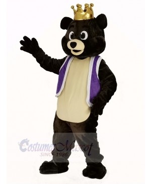 Dark Brown King Bear in Purple Waistcoat Mascot Costume Animal