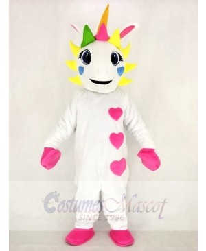 Realistic White Unicorn with Hearts and Colorful Horn Mascot Costume Cartoon