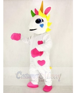 Realistic White Unicorn with Hearts and Colorful Horn Mascot Costume Cartoon