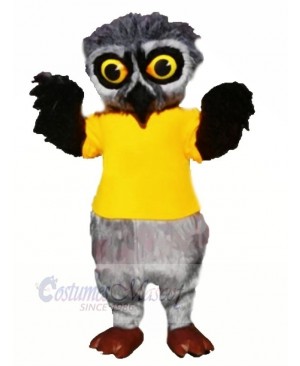 Grey Furry Owl with Yellow T-shirt Mascot Costumes