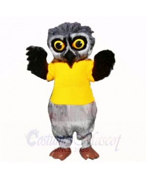 Grey Furry Owl with Yellow Shirt Mascot Costumes School