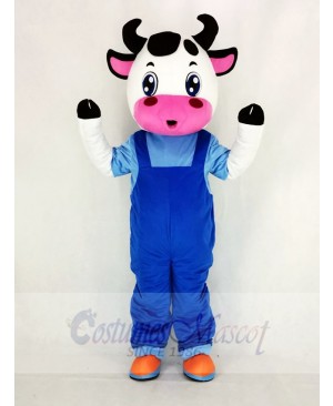 Cute Cow with Blue Overalls Mascot Costume Cartoon