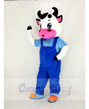 Cute Cow with Blue Overalls Mascot Costume Cartoon